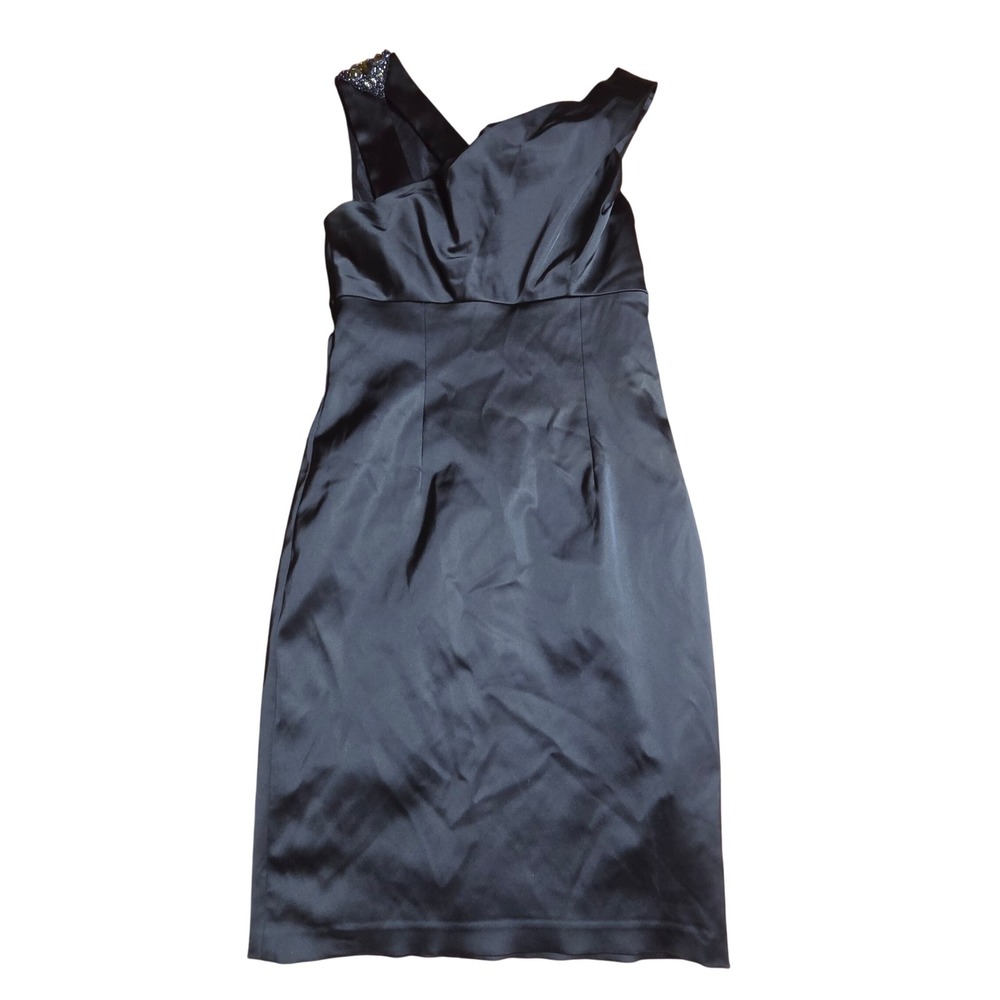 David Meister Asymmetrical Beaded Satin Cocktail Sheath Dress 8 Old Hollywood